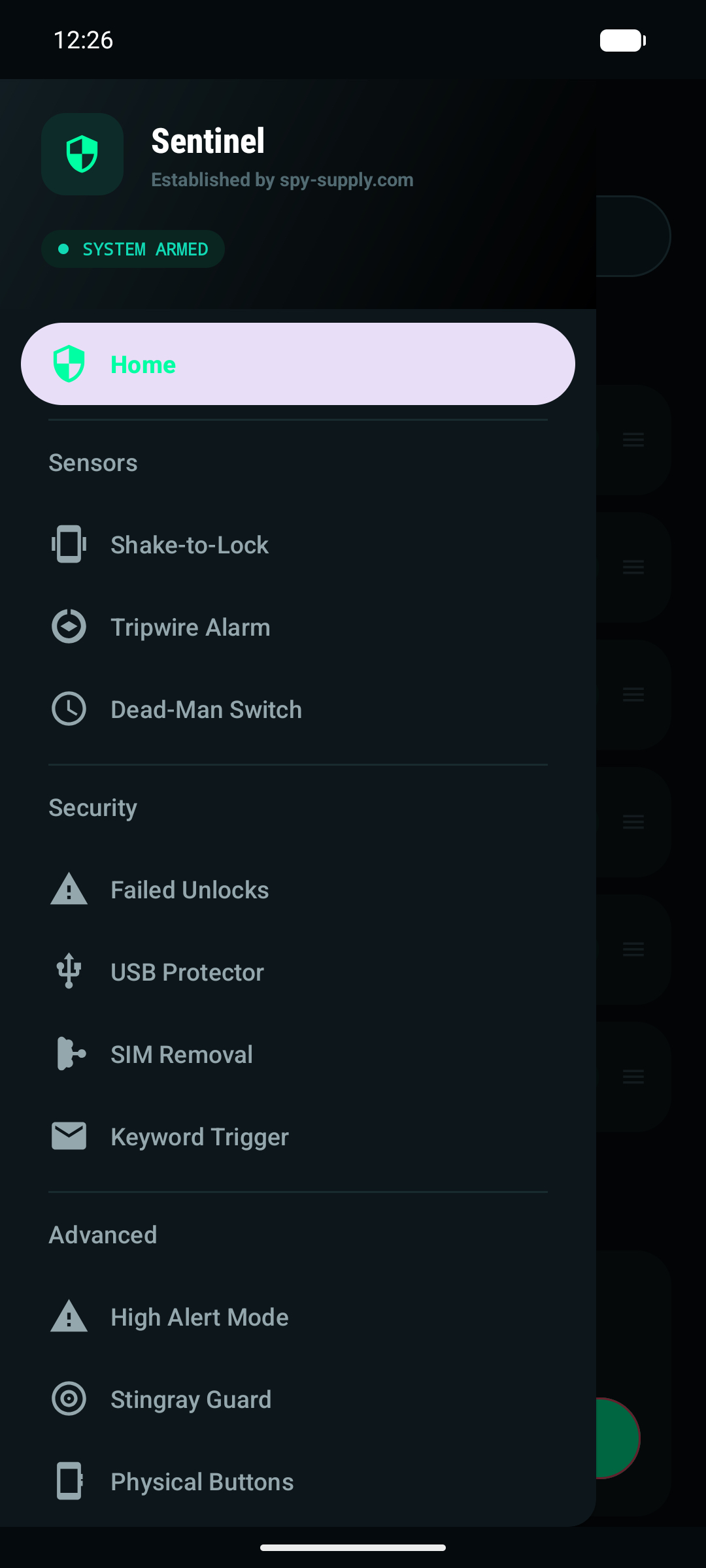 Sentinel app navigation showing Sensors and Security sections