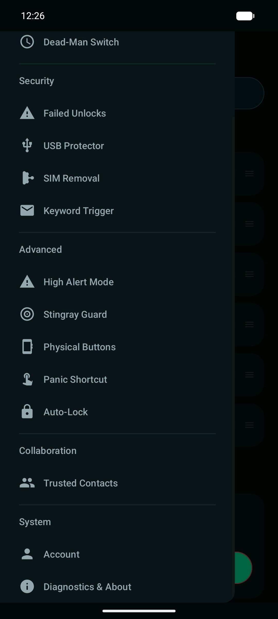 Sentinel app showing Advanced, Collaboration, and System sections