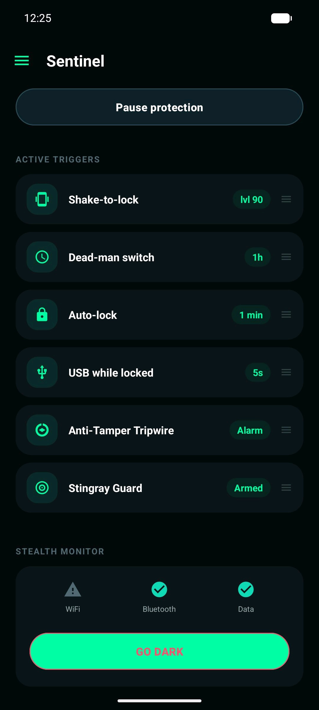 Sentinel app showing active triggers and Go Dark button